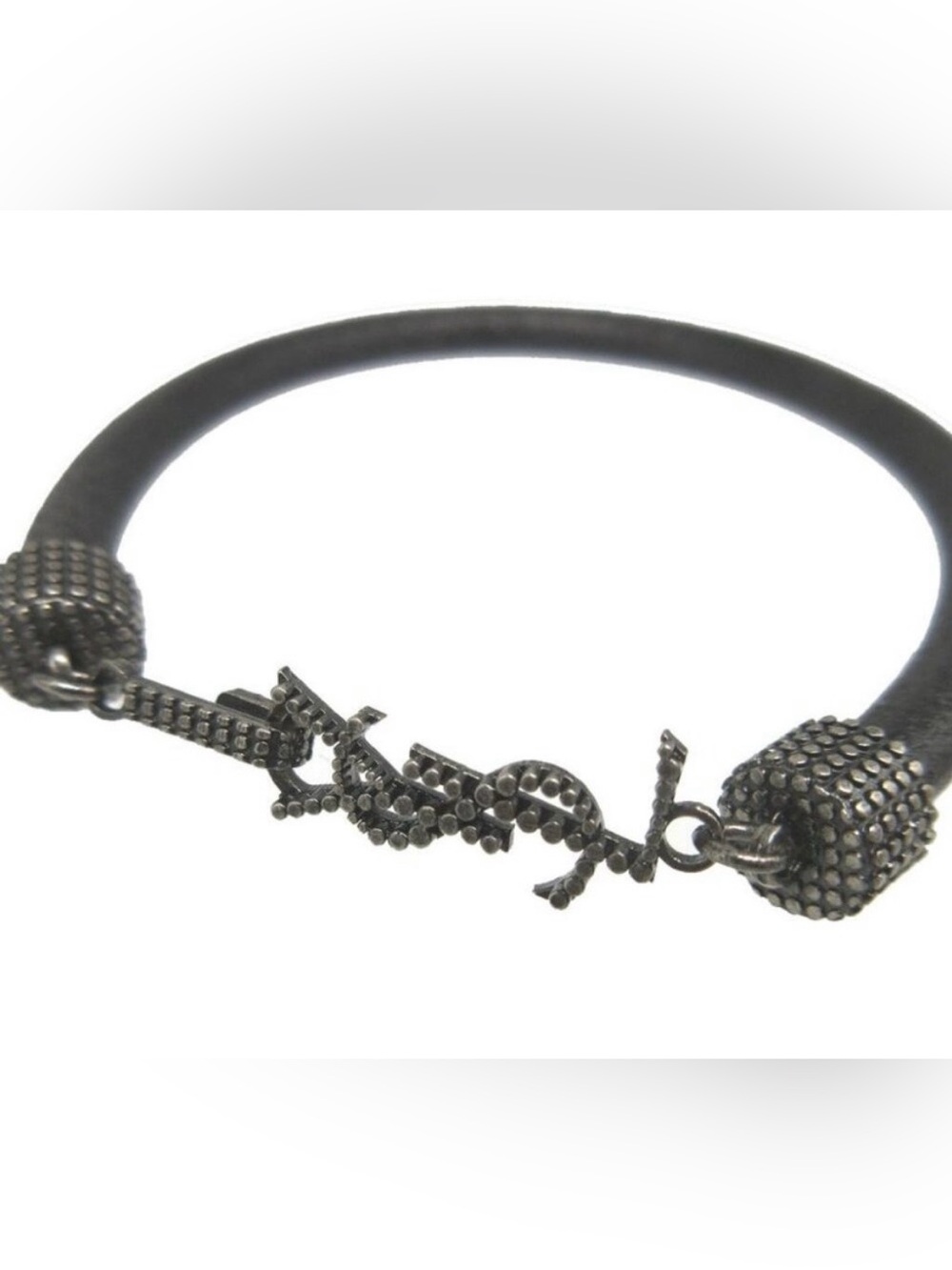 Saint Laurent Paris Logo Leather Black Rounded Bracelet with Metal Clasp